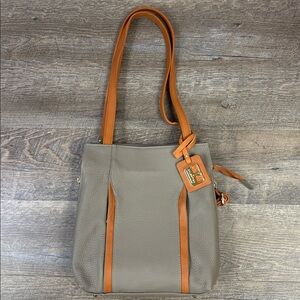 Valentina Genuine Leather Backpack Tote Grey with Cognac Trim Made in Italy